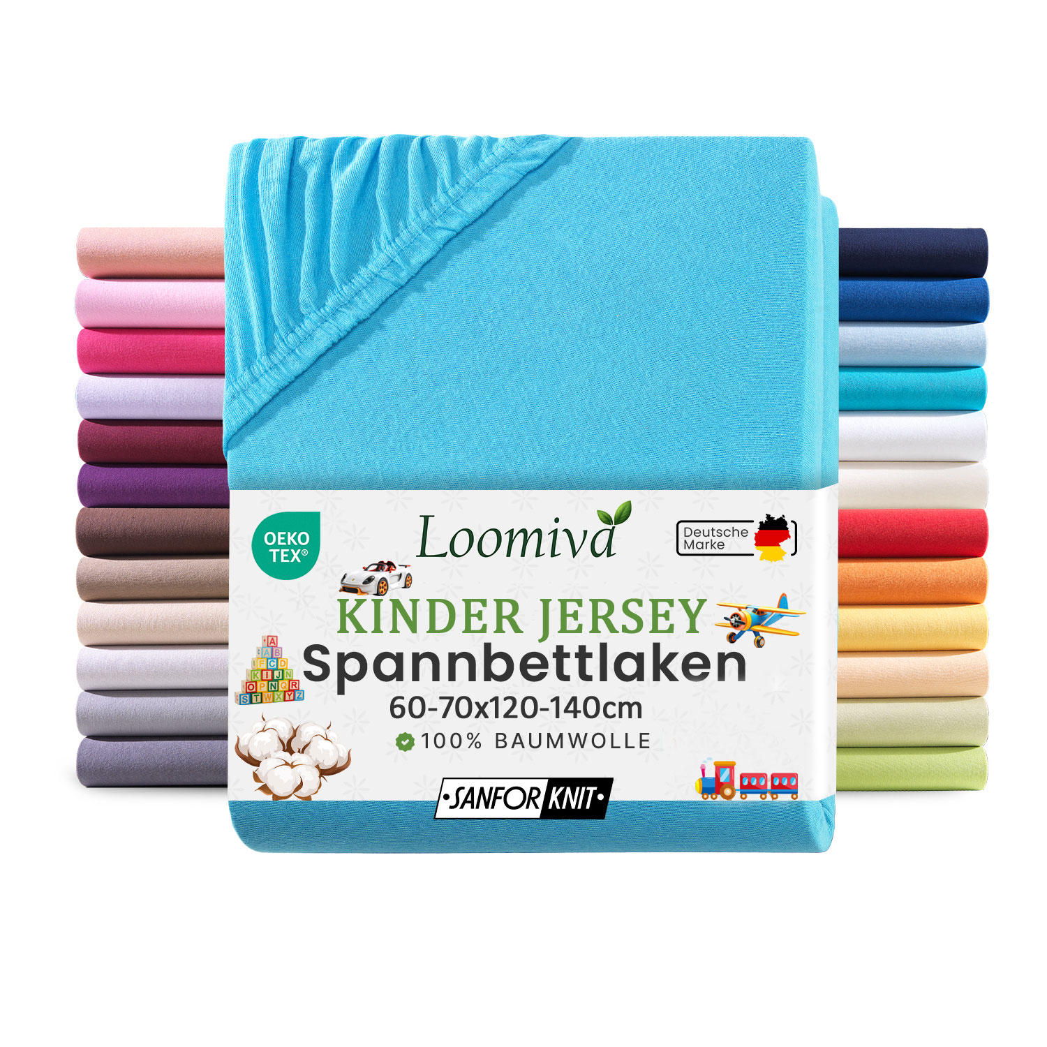 Jersey Kinder Spannbettlaken 60×120-70×140 cm | Türkis | 100% Baumwolle | bis 12cm Matratzenhöhe Gummizug | Oeko-TEX Made in Green