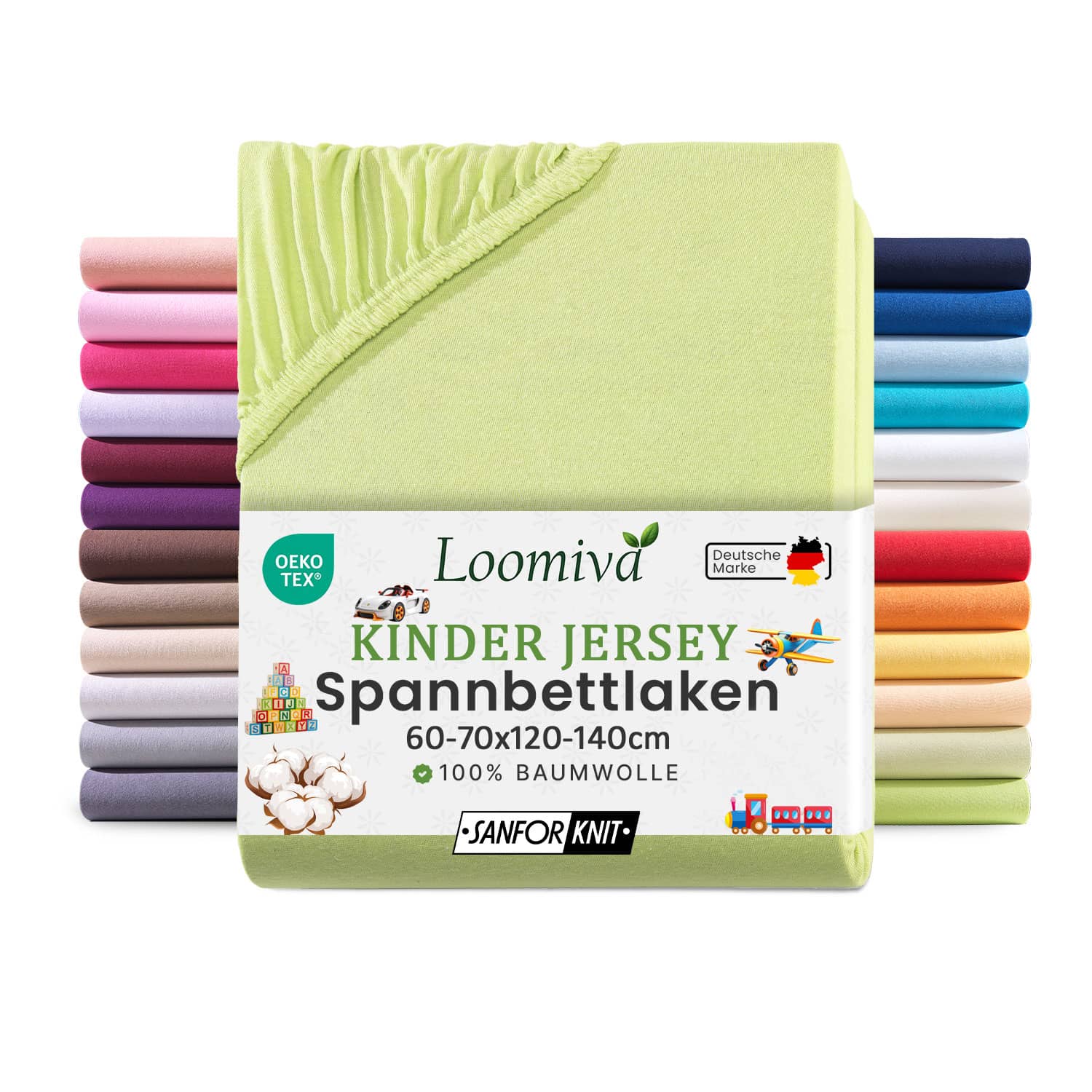 Jersey Kinder Spannbettlaken 60×120-70×140 cm | Apfelgrün| 100% Baumwolle | bis 12cm Matratzenhöhe Gummizug | Oeko-TEX Made in Green