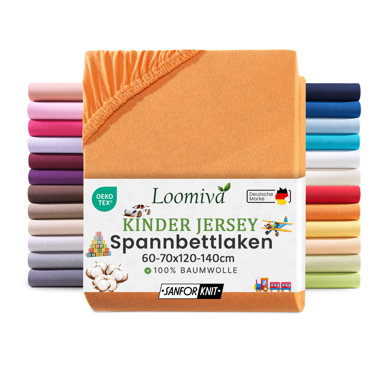 Jersey Kinder Spannbettlaken 60×120-70×140 cm | Orange | 100% Baumwolle | bis 12cm Matratzenhöhe Gummizug | Oeko-TEX Made in Green
