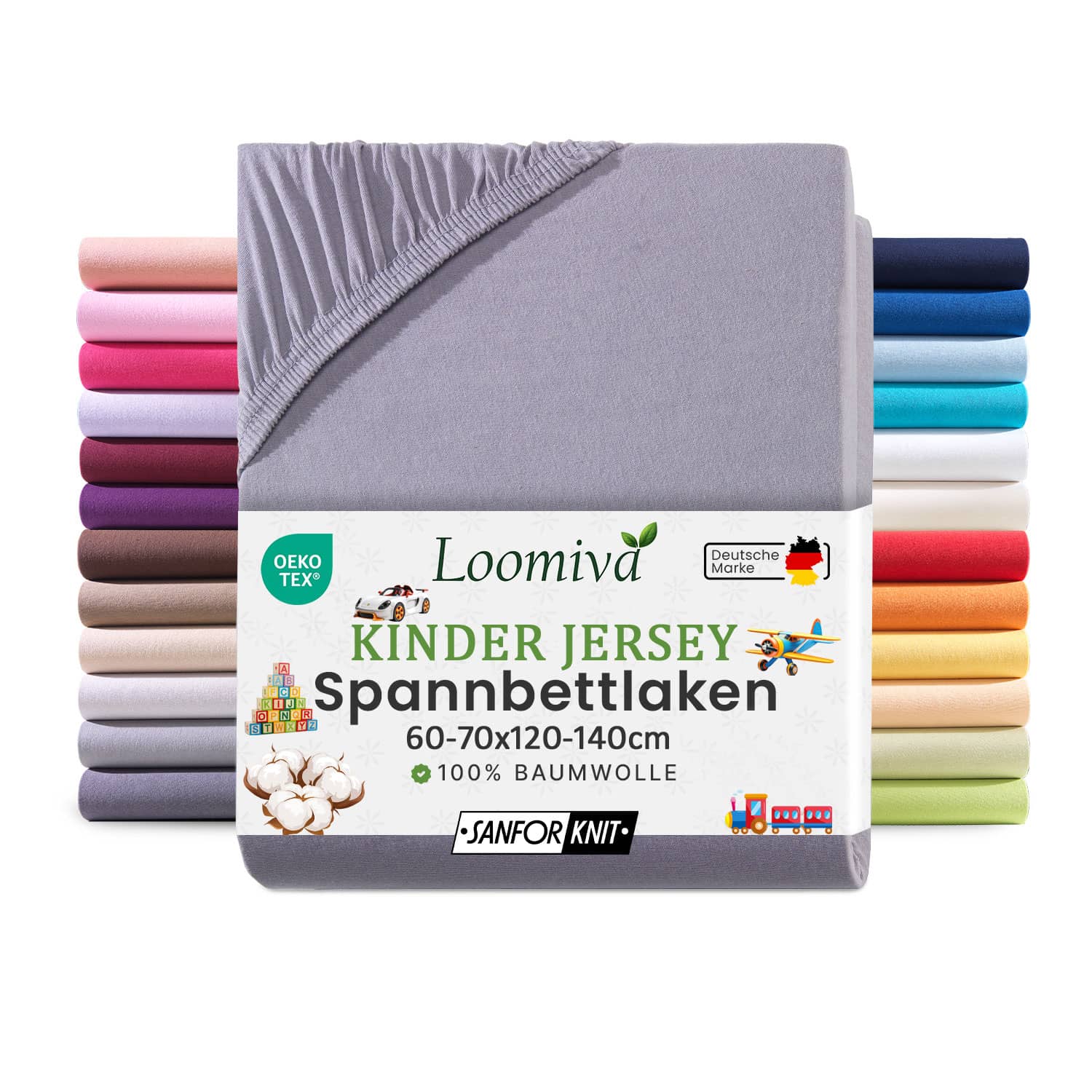 Jersey Kinder Spannbettlaken 60×120-70×140 cm | Grau| 100% Baumwolle | bis 12cm Matratzenhöhe Gummizug | Oeko-TEX Made in Green