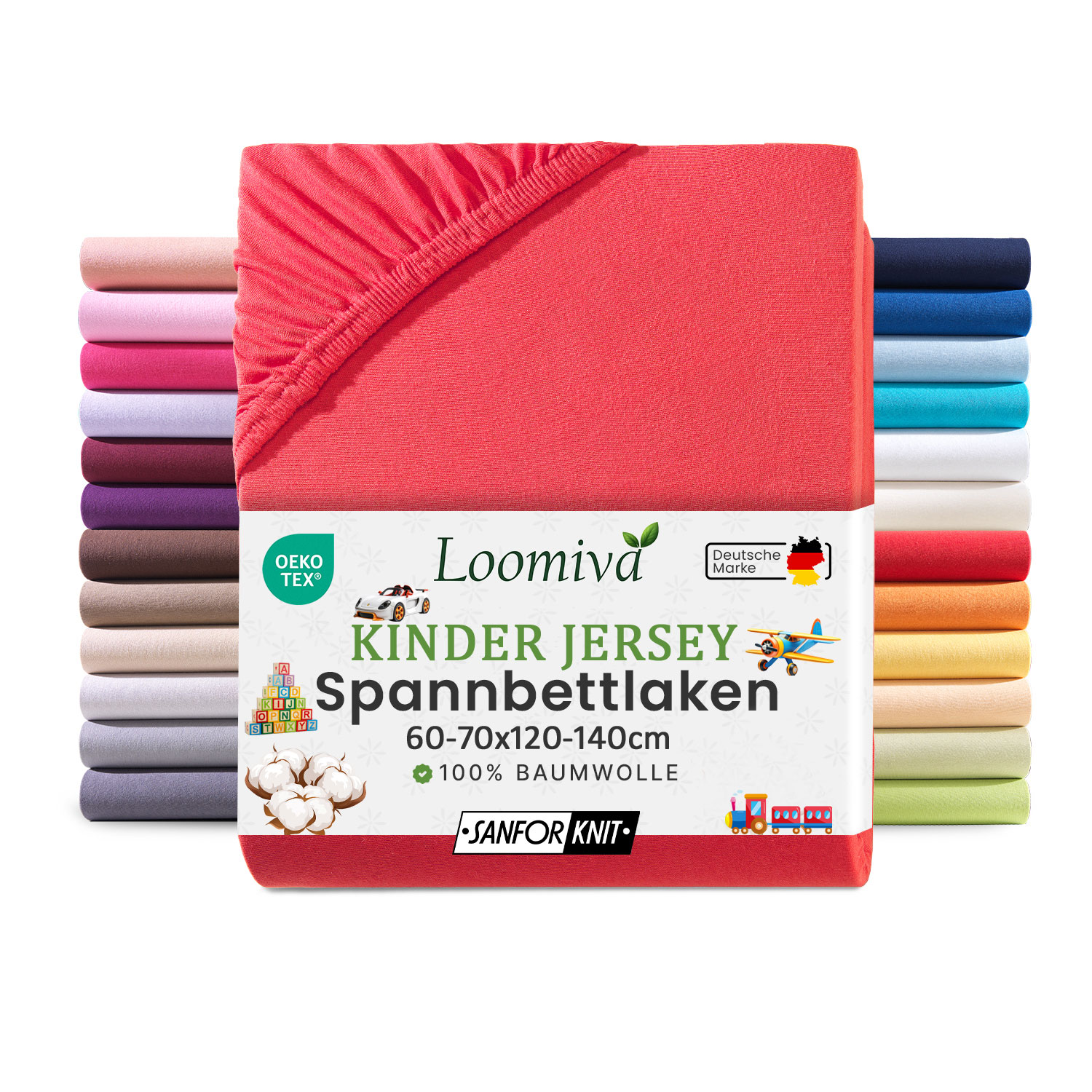Jersey Kinder Spannbettlaken 60×120-70×140 cm | Rot | 100% Baumwolle | bis 12cm Matratzenhöhe Gummizug | Oeko-TEX Made in Green
