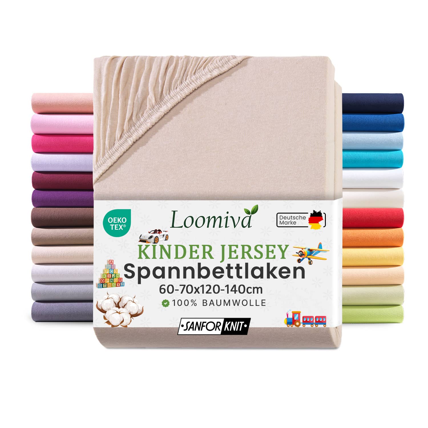 Jersey Kinder Spannbettlaken 60×120-70×140 cm | Beige| 100% Baumwolle | bis 12cm Matratzenhöhe Gummizug | Oeko-TEX Made in Green